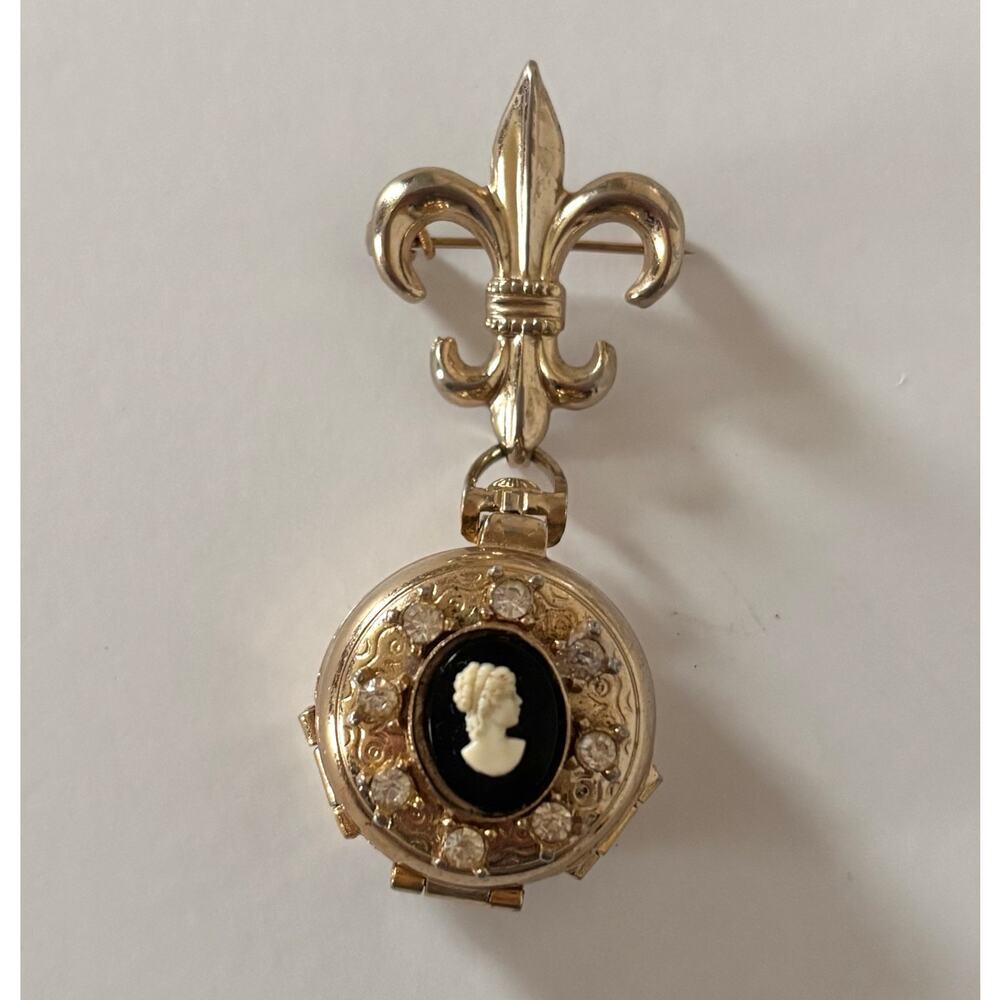 Vtg Coro 4 Panel Locket Brooch w/ Goldtone Fleur de Lis and Black/White Cameo - Picture 4 of 9